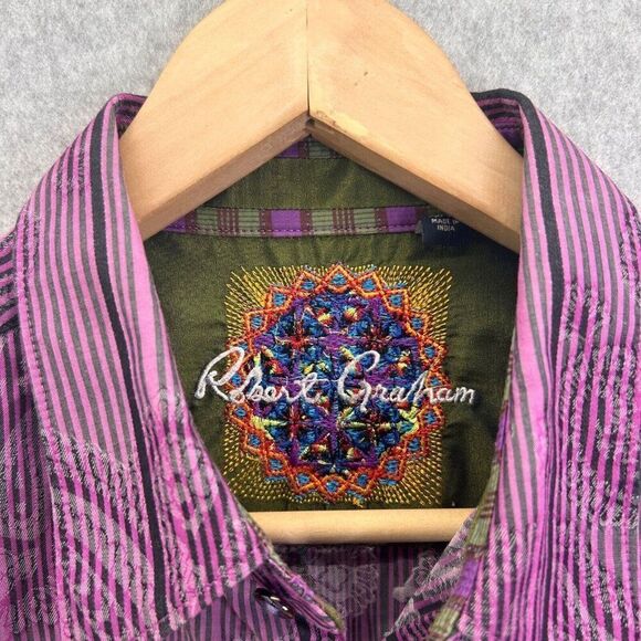 Men's‎ Robert Graham Large Long Sleeve Striped Paisley Button-Up Shirt Purple - Picture 6 of 14